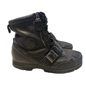 Ralph Lauren Boots Size 8 D Quanita Black Leather Lace Up Combat Boots Zipper